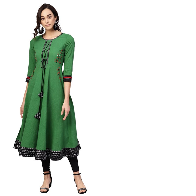 Yash Gallery Women's Cotton Slub Embroidered 3/4 Sleeve Round Neck Anarkali Kurtis (Medium, Green) - Image 1